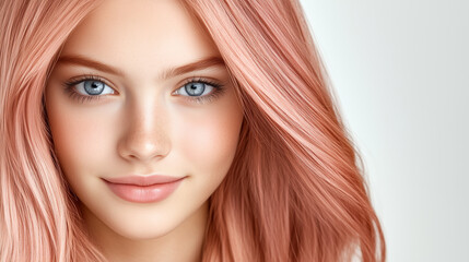 Naklejka premium A close-up portrait of a young woman with radiant rose-gold hair, clear blue eyes, and a soft expression, set against a neutral background for a clean and elegant look