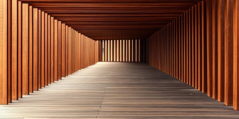 シンプルな木の柱で囲まれた静かな通路の風景を捉える