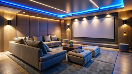 Modern Home Cinema Room Design in Light Colors with Blank Screen &acirc;&euro;&ldquo; Low Light Photography for Cozy Entertainment Spaces