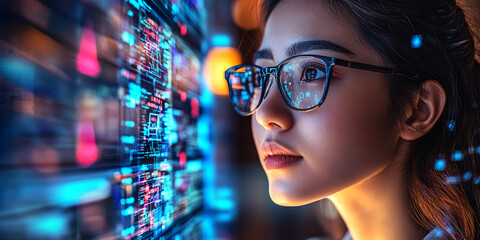A female doctor wearing glasses analyzing medical data on computer in modern hospital laboratory, virtual telemedicine, high tech, healthcare and technology 