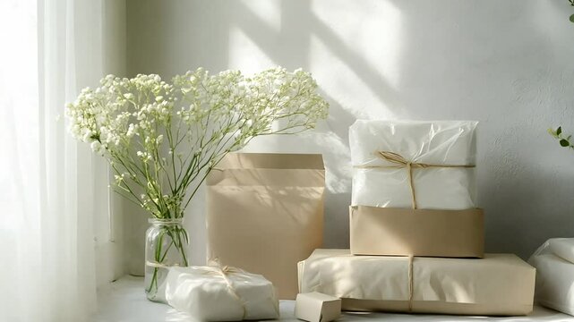 Serene Arrangement of Gift Packages and Delicate Flowers in Soft Natural Light