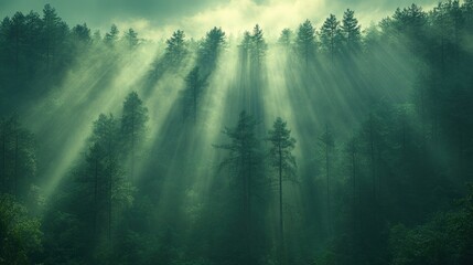 Obraz premium Sunbeams Illuminating a Mystical Forest
