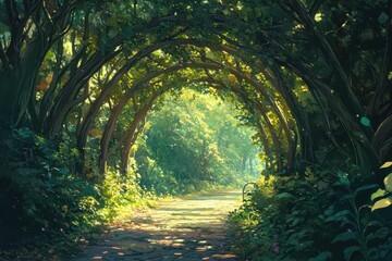 Obraz premium Lush, vibrant trees form a natural archway in the forest, with sunlight streaming through the leaves and dappled light dancing on the ground
