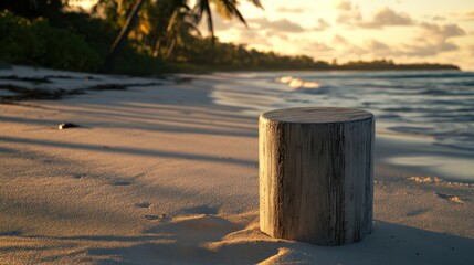 Naklejka premium Tranquil Sunset on a Tropical Beach: A Wooden Stump on Golden Sand