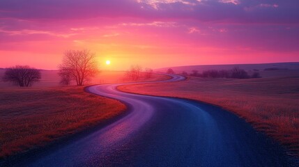 Fototapeta premium Serene Sunset Road: A Journey into the Vibrant Hues of Dusk