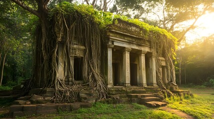 Ancient temple ruins covered in vines