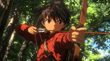 Anime archer aiming a bow forest background focused