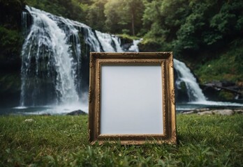Blank Frame by a Waterfall in Scenic Setting