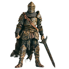 Obraz premium Front view of knight in full armor with sword shield isolated