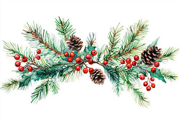 Christmas background fir branches and holly berries on white background. Postcard.