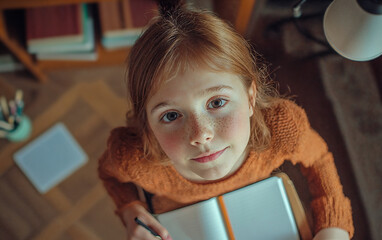 Overhead shot of a little girl writing in her notebook at school