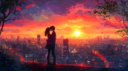 Fototapeta premium Anime couple hugging in a sunset-lit cityscape