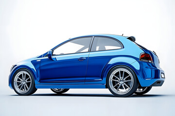 Obraz premium A blue car with a white background. The car is blue and has a shiny finish