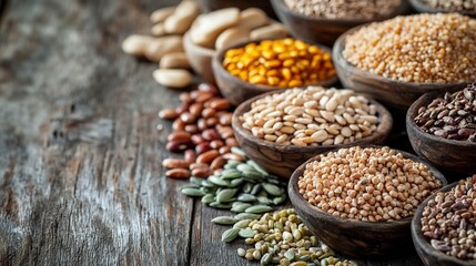 Fototapeta premium Harvest Sustainability Snack, Neatly Arranged Organic Grains and Seeds on Rustic Wooden Surface with Copy Space