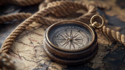 A vintage compass rests on an old, weathered map, surrounded by a rope.
