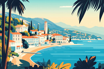 Flat design travel poster for French Riviera