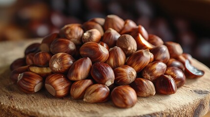 Obraz premium Harvest Sustainability Snack, Pile of Fresh Chestnuts on Wooden Surface Symbolizing Seasonal Harvest and Sustainable Snack Ingredients