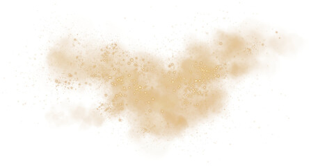 Fantastic golden smoke background. Magic golden smoke with glitter and small particles of twinkling stars. Fog with luminous particles. Yellow vapor with stardust. Morning fog over land or water