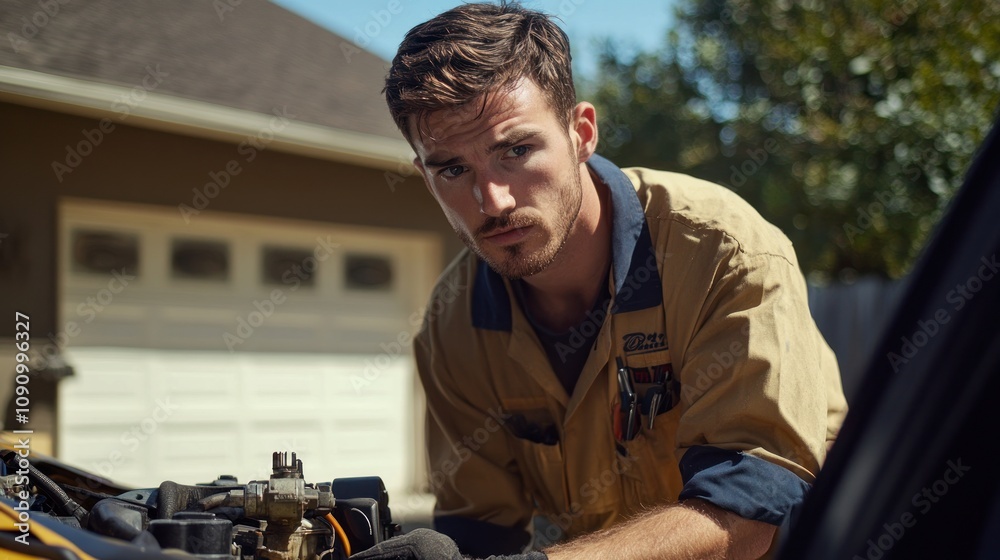 Poster a mechanic working on a car engine in a residential setting.