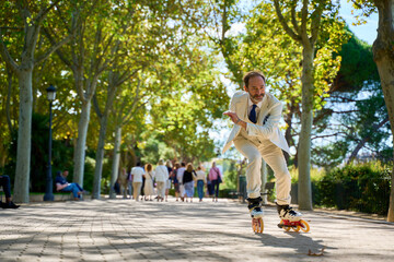 Man roller skating dynamically in a park with people in the background