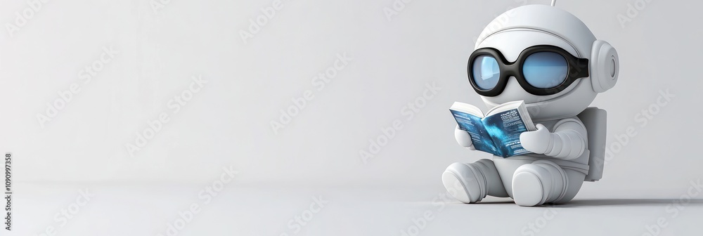Aufkleber a cute robot character sitting and reading a book, showcasing a blend of technology and leisure.