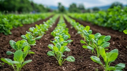 Obraz premium Farm Soil Yield, Vibrant Organic Farm Beds With Lush Vegetable Plants Thriving in Fertile Soil