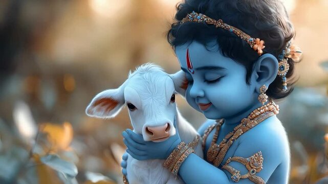 Cute little baby Krishna with sacred cow. Hindu god Lord Krishna with calf. Krishna Janmashtami, Govardhan Puja, Vasubaras. Indian religious festival	