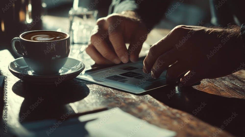 Poster a person interacting with a tablet while enjoying a cup of coffee in a cozy setting.