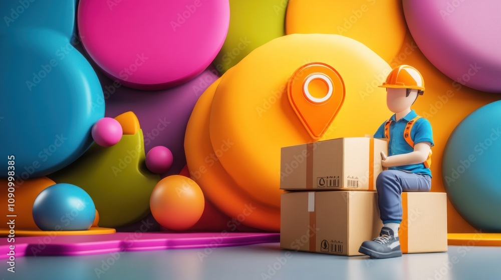 Poster a 3d character sits on boxes against a vibrant backdrop, symbolizing logistics and delivery.