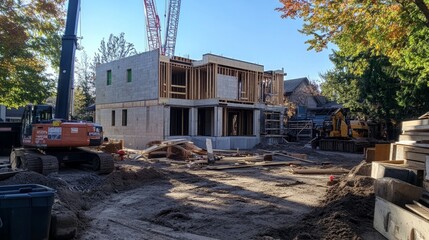 A house under construction with prefabricated wall installation underway, cranes and construction tools scattered around the site.