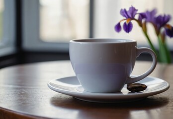 Obraz premium Coffee Cup on a Wooden Table Beside Fresh Purple Irises During a Sunny Morning