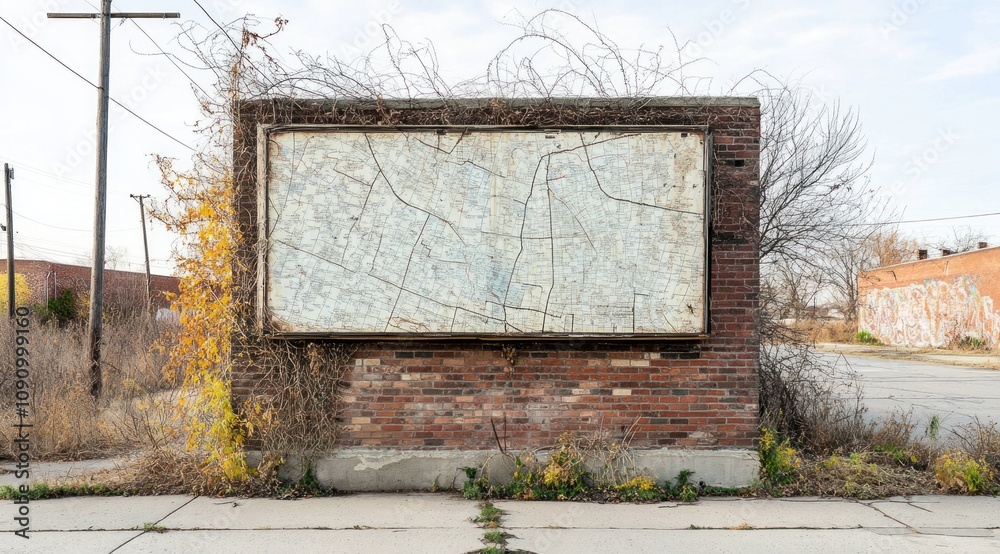Poster An overgrown billboard structure with a faded map, surrounded by weeds and urban decay.