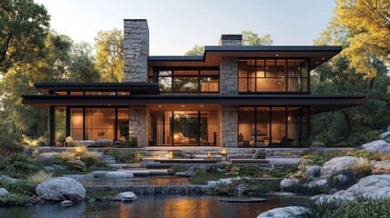 Fototapeta premium Modern Stone House Architectural Design by a Lake