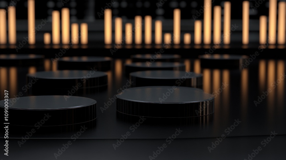 Poster a modern, abstract scene featuring circular shapes and vertical light bars.