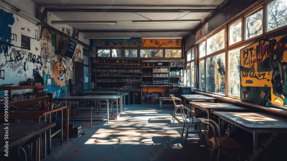 Aufkleber an empty art classroom with colorful walls and natural light streaming through large windows.