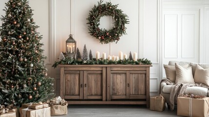 Rustic Christmas decor with a beautifully decorated tree, a charming wooden sideboard, and a festive wreath. The warm lighting creates a cozy atmosphere.
