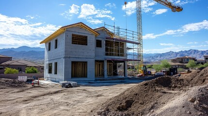 Obraz premium A view of a new home construction project with prefabricated wall installation underway, cranes and scaffolding visible in the background.