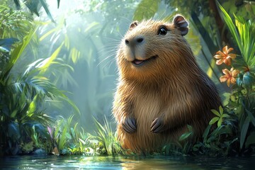 Illustration of cartoon character smiling capybara in the tropics