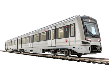 Obraz premium A futuristic subway train in a silver finish, boasting clean lines, large windows, and a modern, passenger-friendly design, perfect for metropolitan transport, set against a transparent background