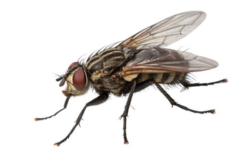 A housefly macro shot, featuring detailed body segments, transparent wings, and strikingly red eyes, offering an intense look at its structure, set against a transparent background