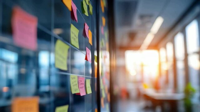 A blurred background of an office setting with whiteboards and sticky notes, capturing the essence of brainstorming in business environments
