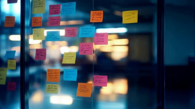 A blurred background of an office setting with whiteboards and sticky notes, capturing the essence of brainstorming in business environments
