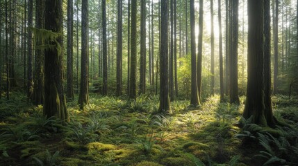 Obraz premium A serene forest scene with tall trees, soft sunlight filtering through the leaves, and lush green ferns covering the ground.