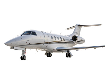 Obraz premium A pristine white private jet with smooth contours, detailed gold and brown stripes, and a luxurious design for an elite flying experience, set against a transparent background