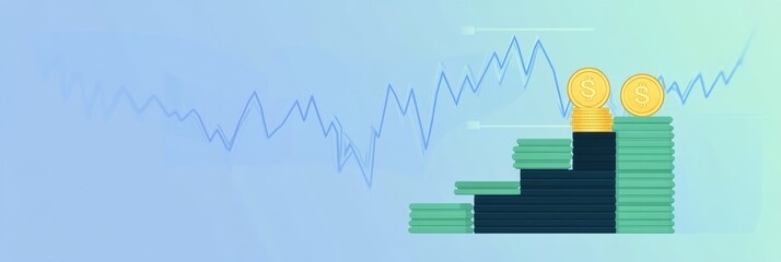 Naklejka premium Financial growth represented by stacked coins and graphs illustrating market trends and investment
