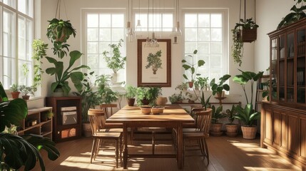 Obraz premium Sunlit dining room filled with lush greenery, creating a calm and inviting atmosphere. Wooden dining table is surrounded by potted plants of various sizes and types.