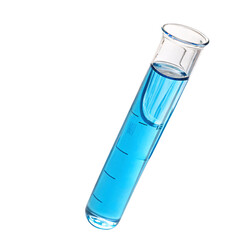 A tilted test tube containing bright blue liquid, evoking a sense of experimentation and laboratory precision with bold color contrast, set against a transparent background
