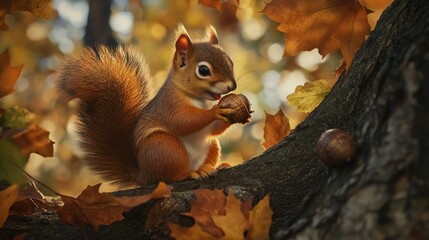 Obraz premium Adorable Autumn Squirrel Enjoying an Acorn Amidst Golden Leaves
