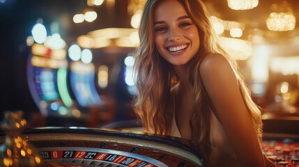 Smiling woman poses confidently near roulette wheel in a vibrant casino setting at night