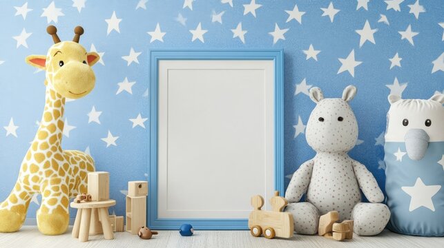 Adorable nursery scene with stuffed animals, wooden toys, and a blank frame ready for your personalized touch. Perfect for a baby boy's room!